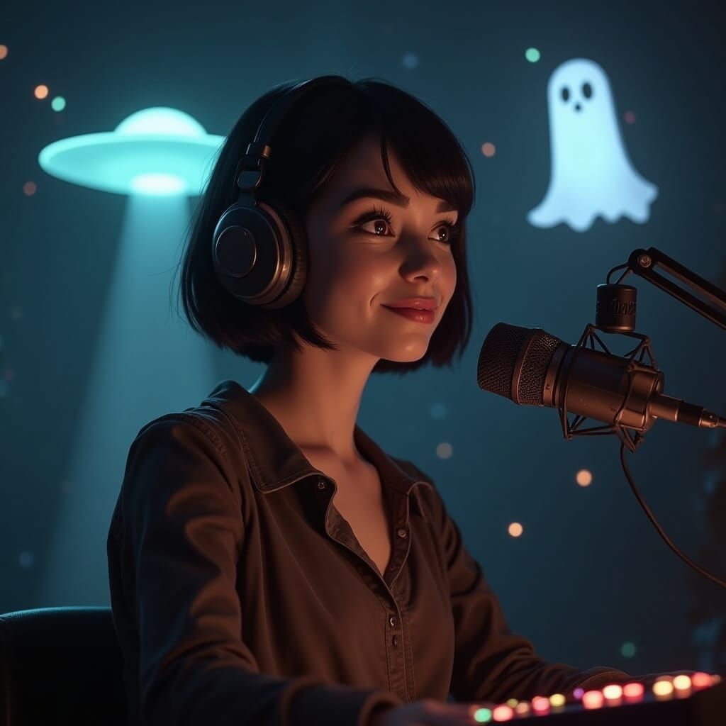 Galactic Radio Host with Spooky Backdrop