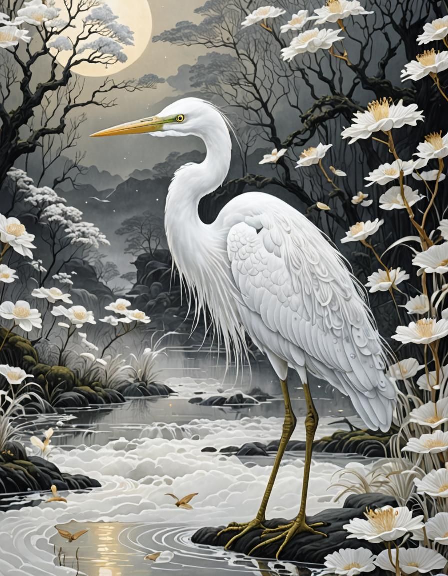 Ethereal White Heron in Japanese Fantasy Style