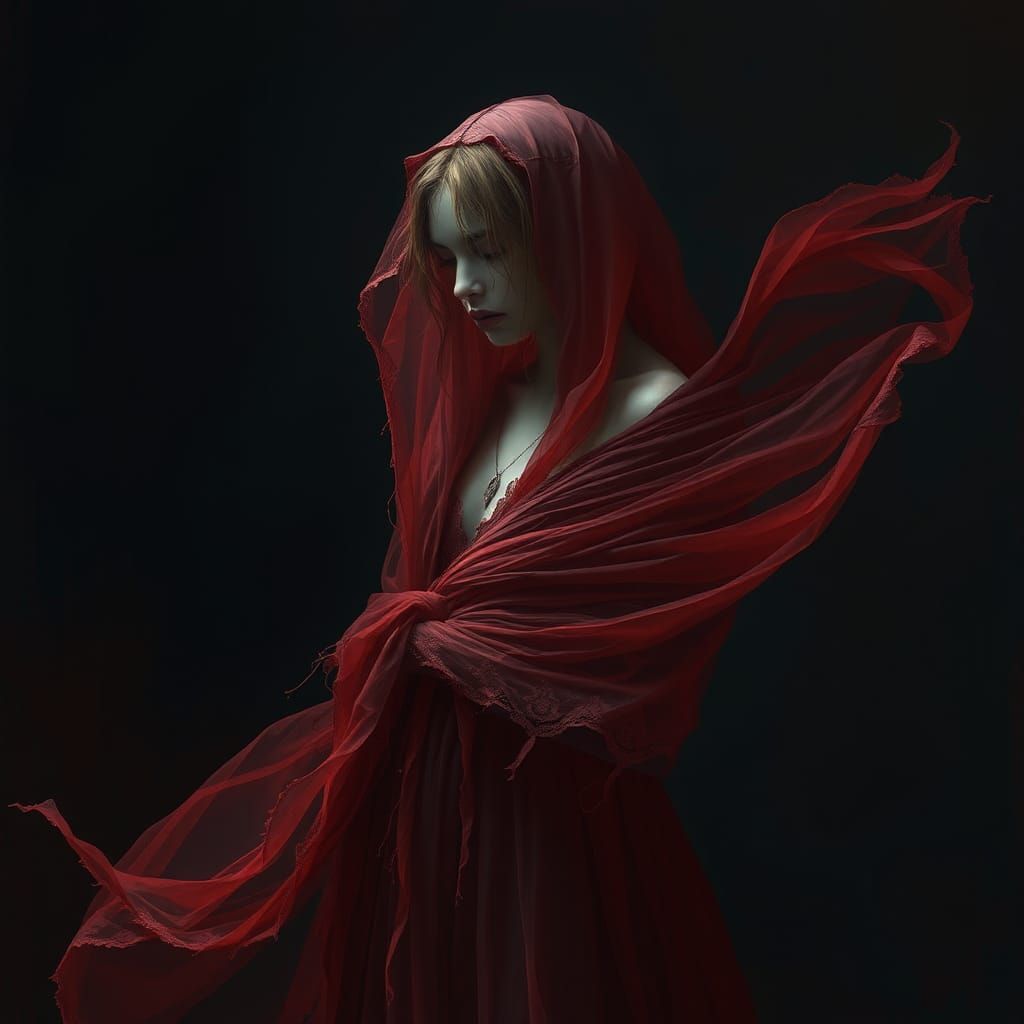 Ethereal Ghost Woman in Crimson Dress