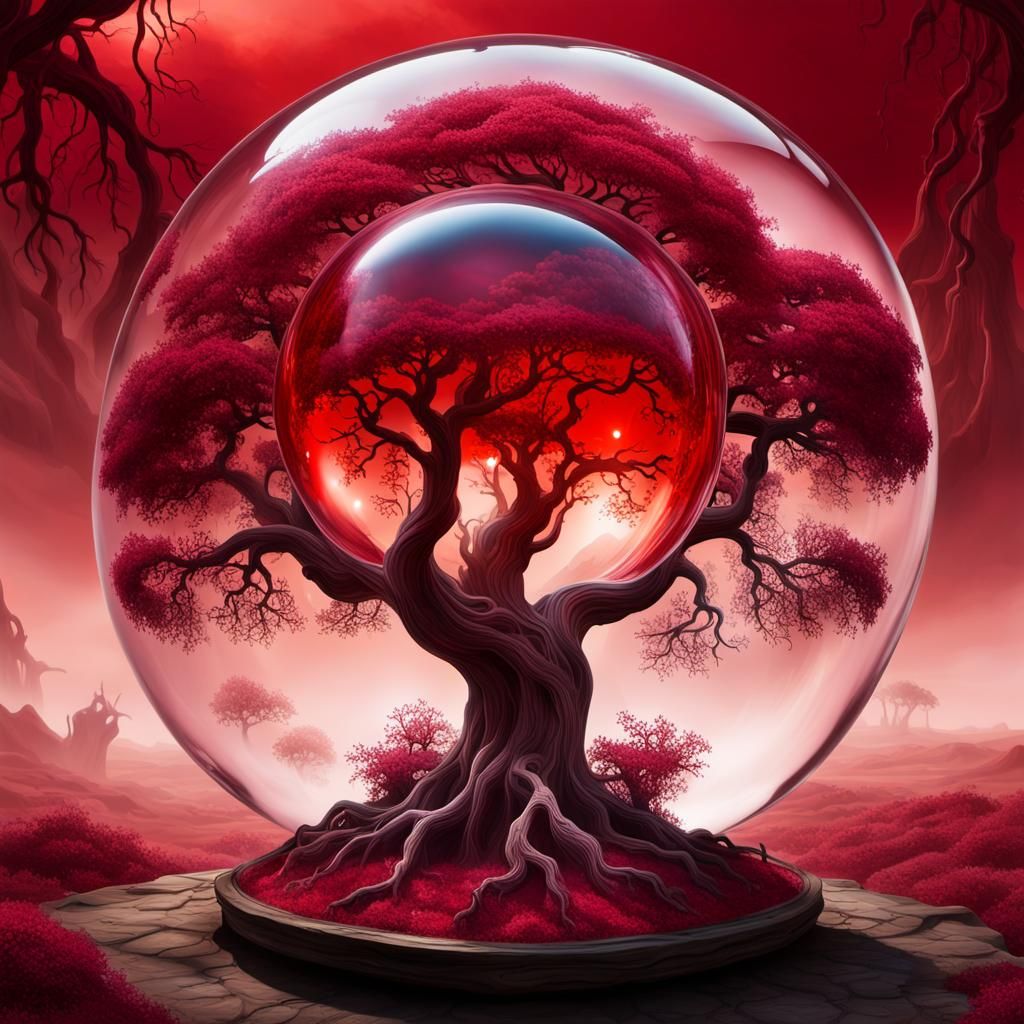 Surreal Crimson Orb: Ancient Tree in Dreamscape