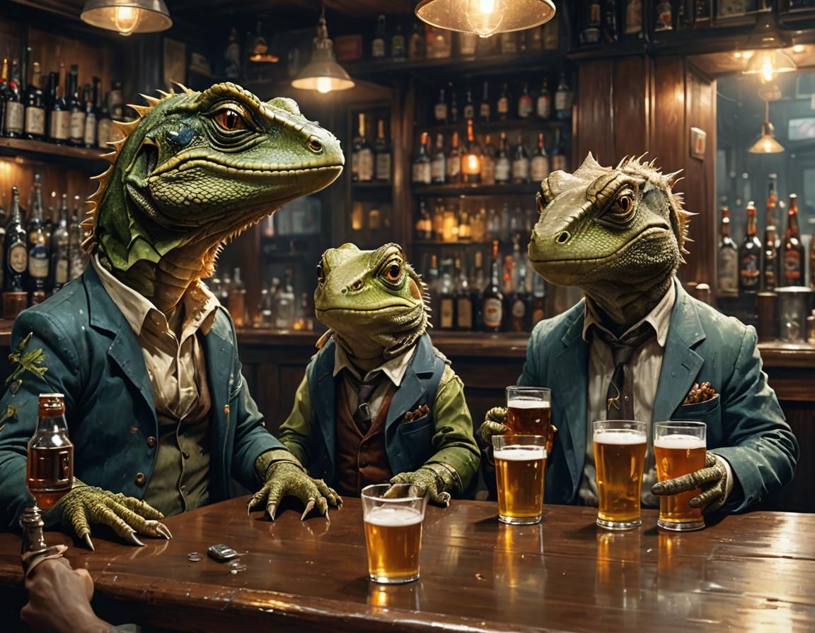 Lizards at Bar, Hyper-Realistic Digital Oil Painting