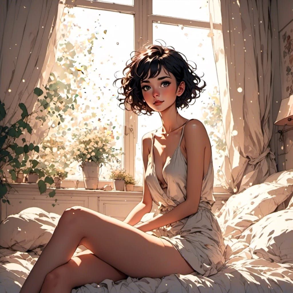 Anime Woman in Nightgown with Sparkling Particles