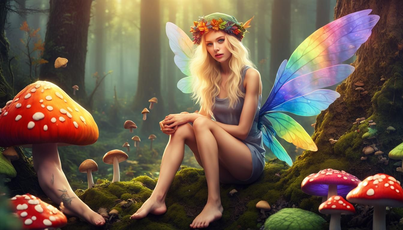 Blonde Fairy with Rainbow Wings in Mushroom Forest