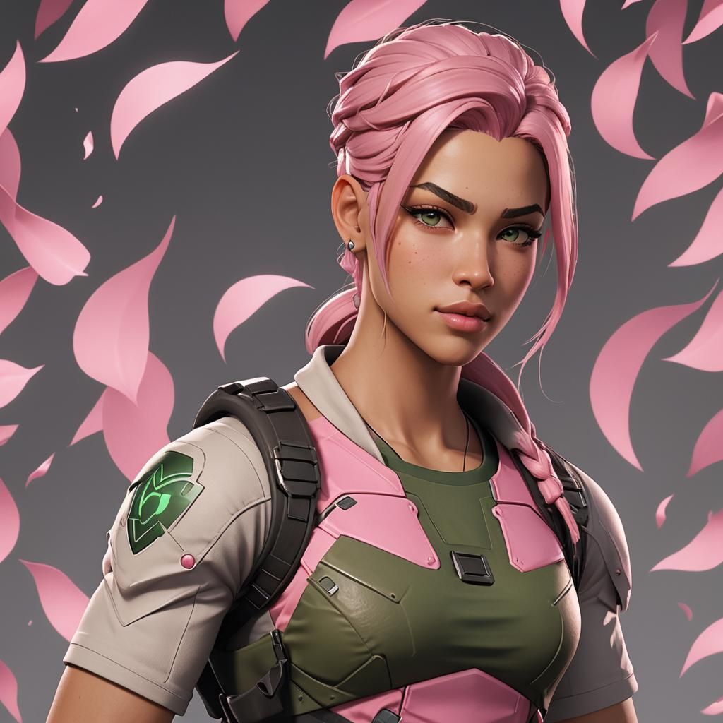 Stylized Character with Pink Hair and Green Eyes