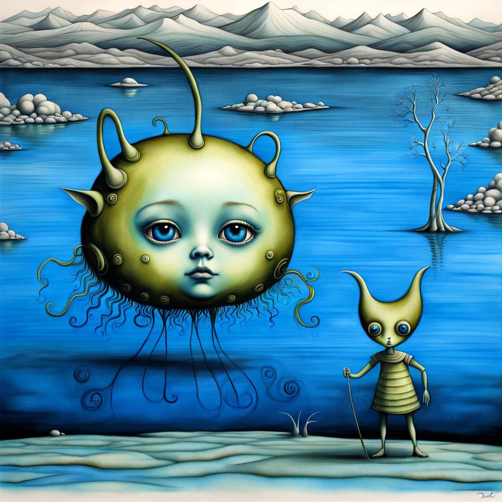 Surreal Alien by Lake in Ceccoli-Dali Style