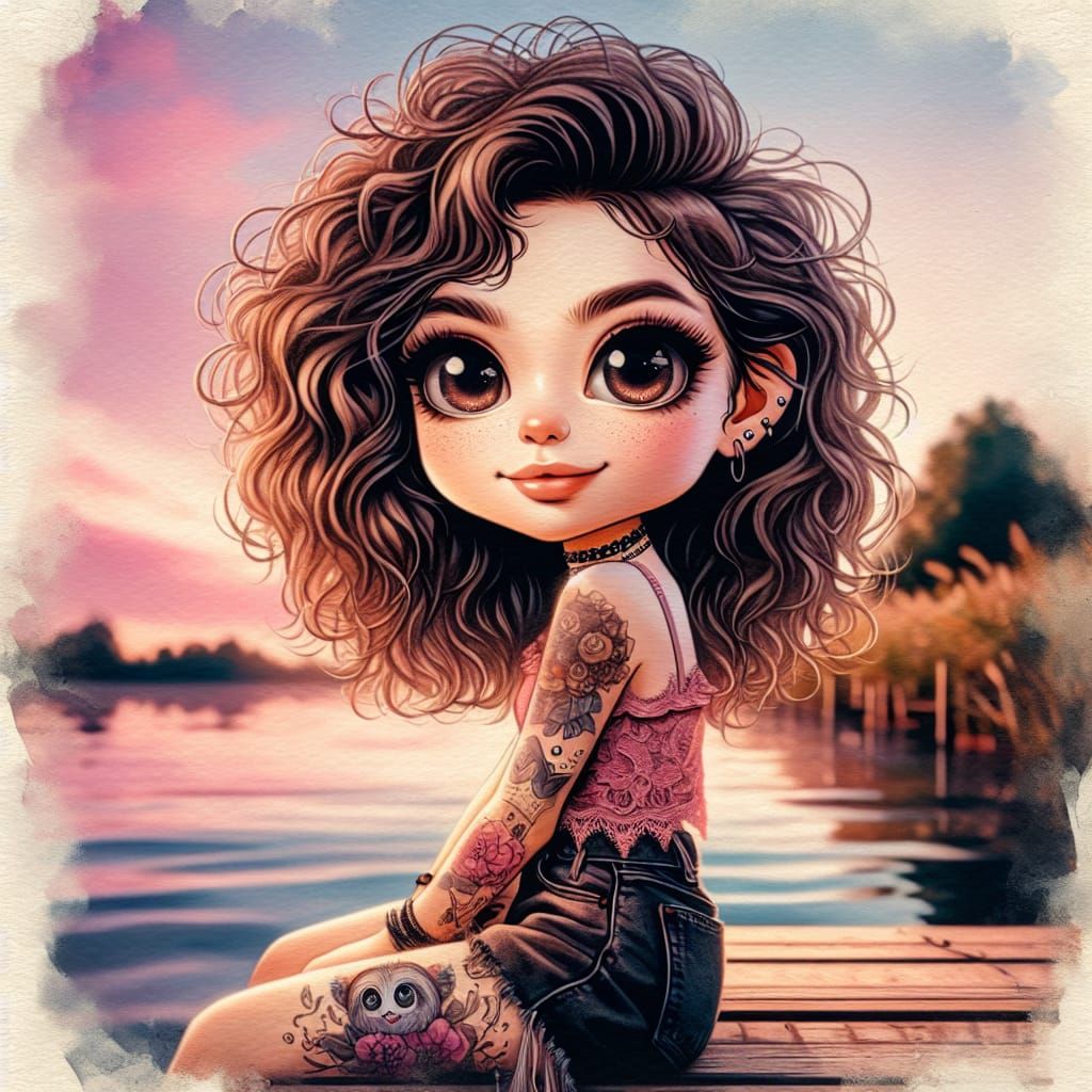 A hyper realistic image of a chibi woman with a tousled curl...