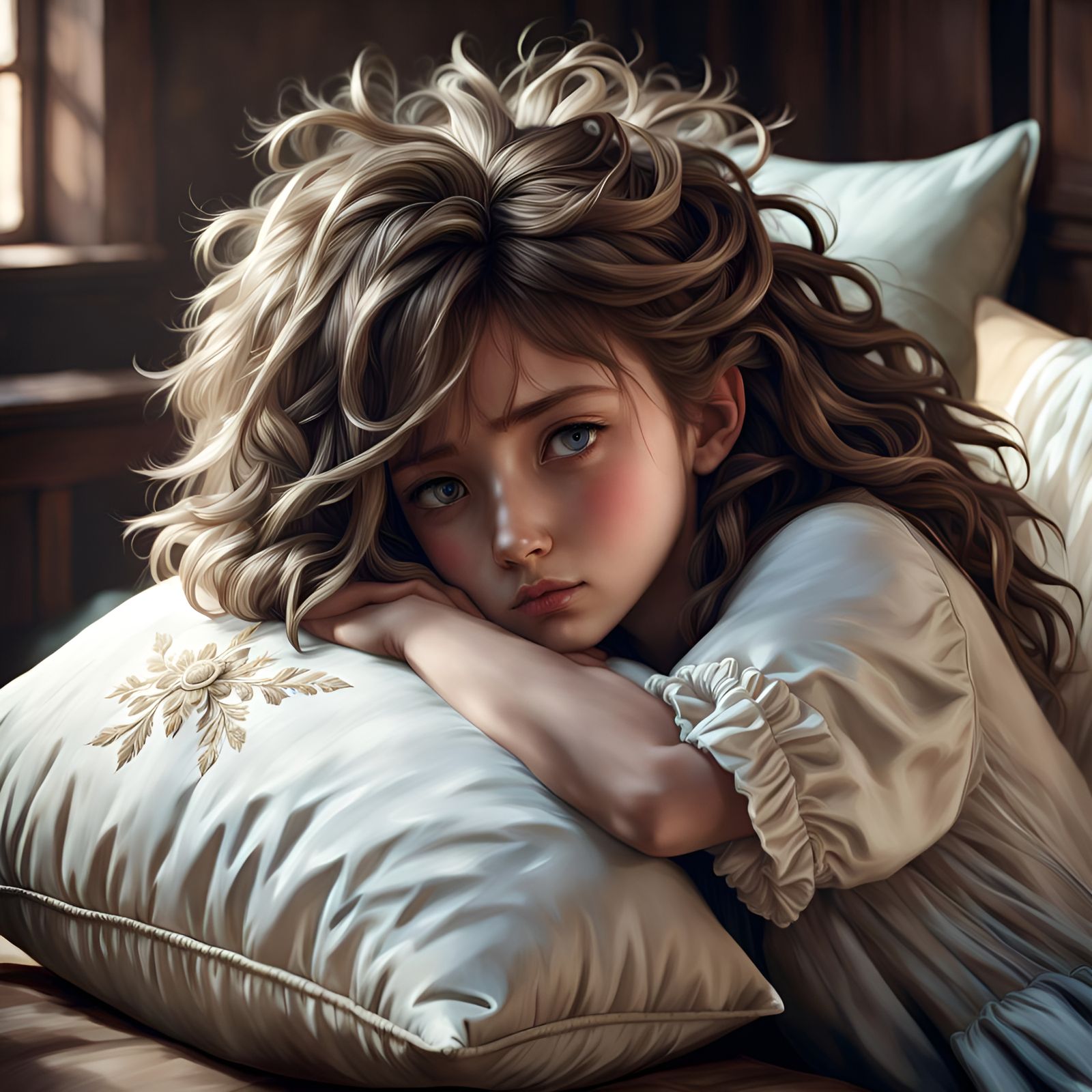 Sad Girl with Bedhead in 1700s Orphanage