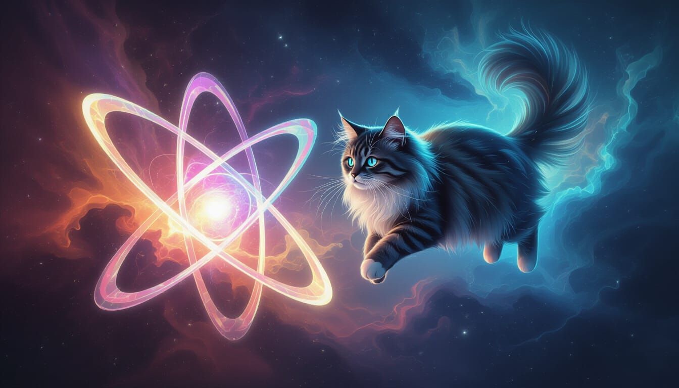Quantum Cat Orbits Cosmic Atom in Surreal Digital Art