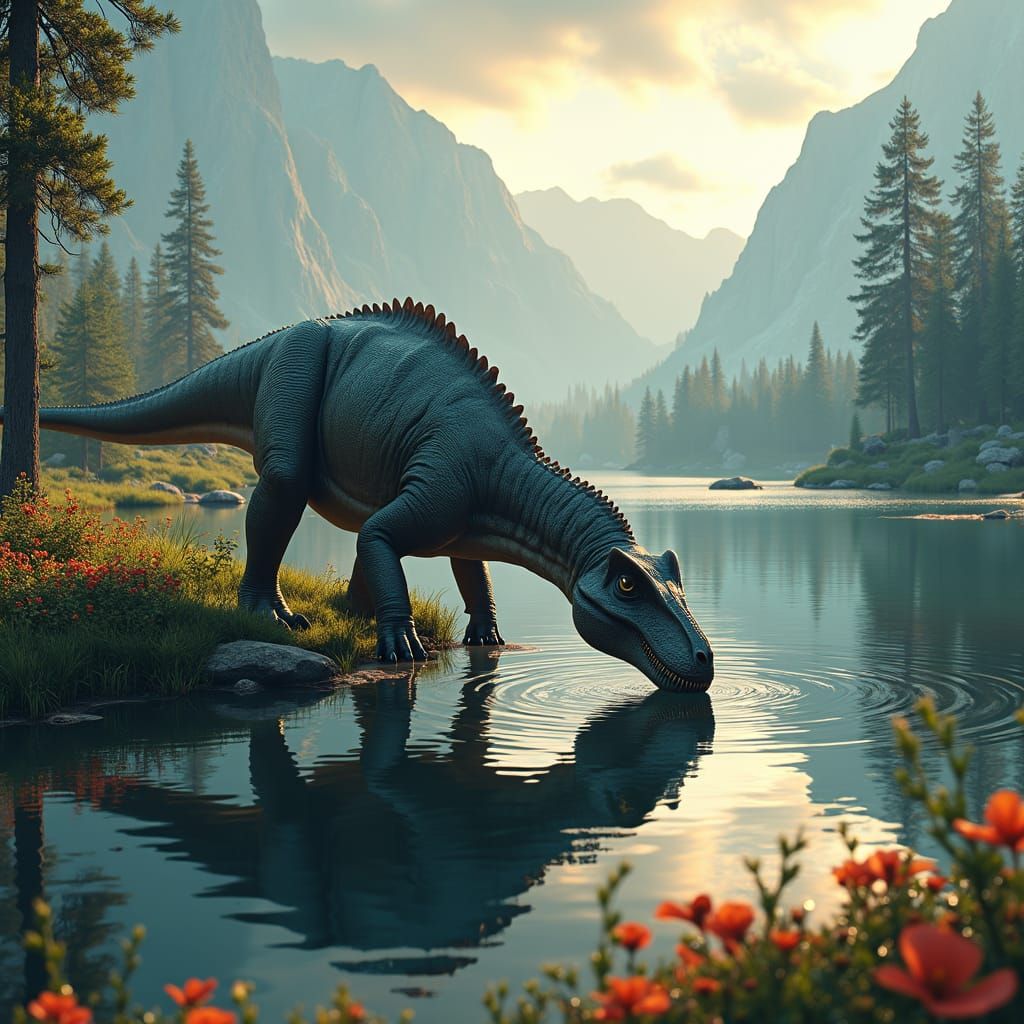 T-Rex Drinks From Lake in Photorealistic Style