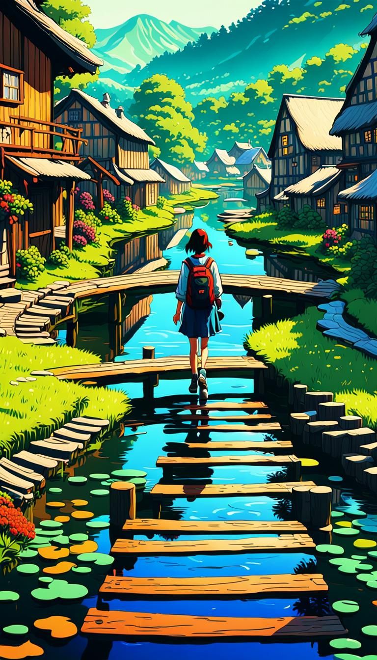 Anime Backpacker Crossing Village Stream in Cel-Shaded Style