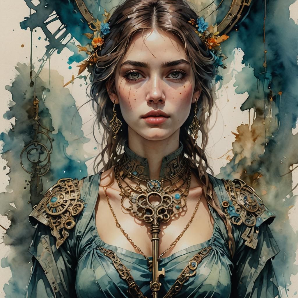 Key Pendant Portrait in Stylized Watercolor Art