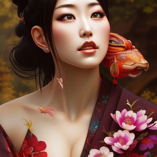 Muscular Japanese Woman with Koi Pond in Splash Art