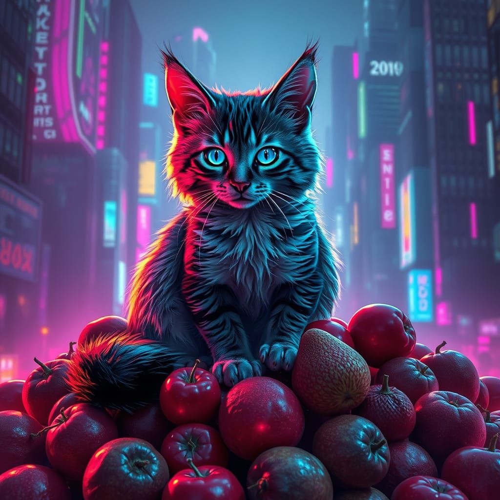 Cyberpunk Feline Amidst Neon Dystopia