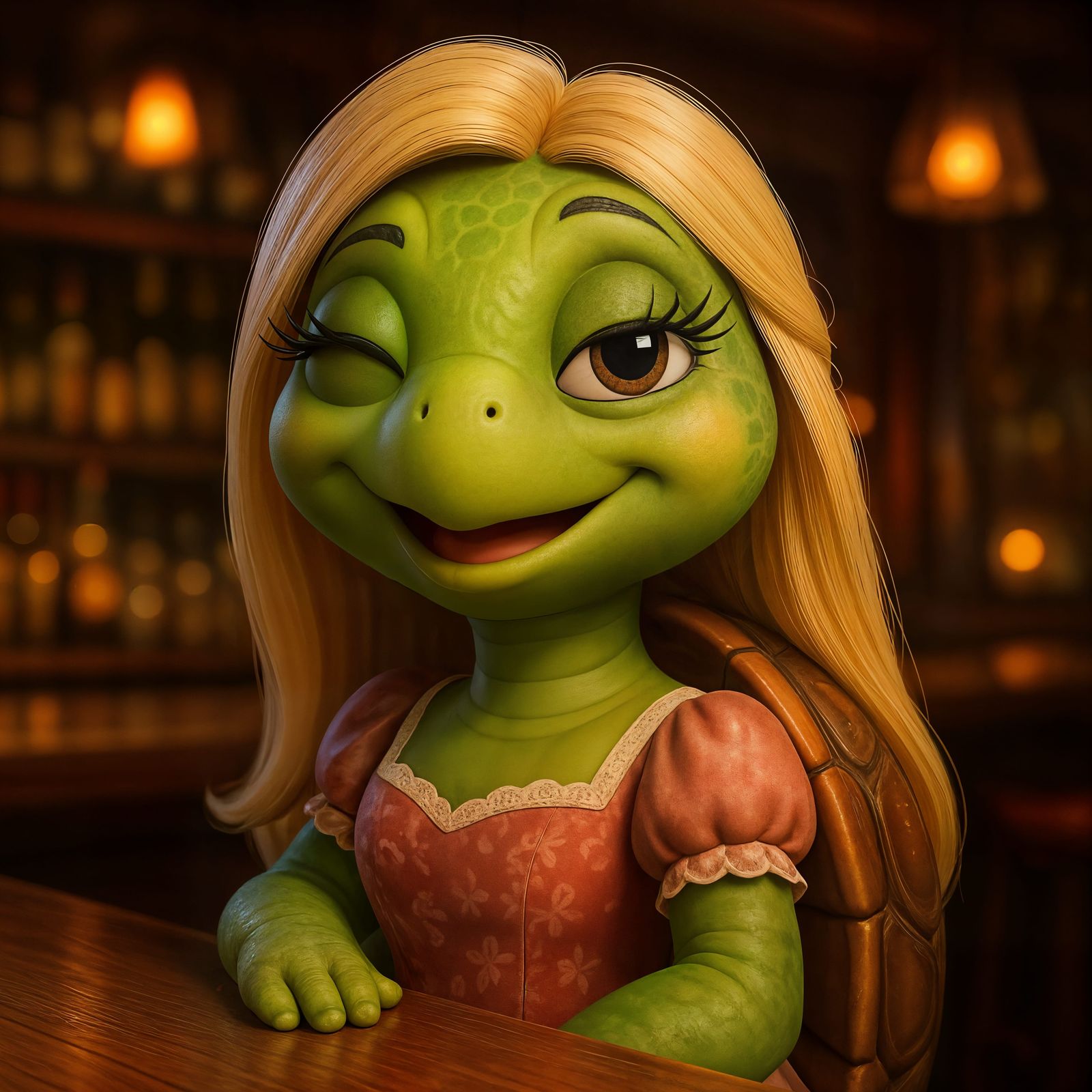CGI Cartoon Turtle with Blonde Wig in a Bar