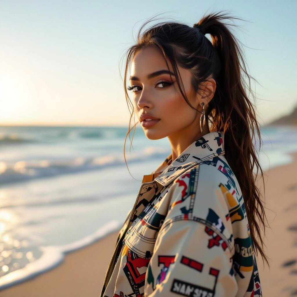 Latina Woman in Streetwear on Sunlit Beach