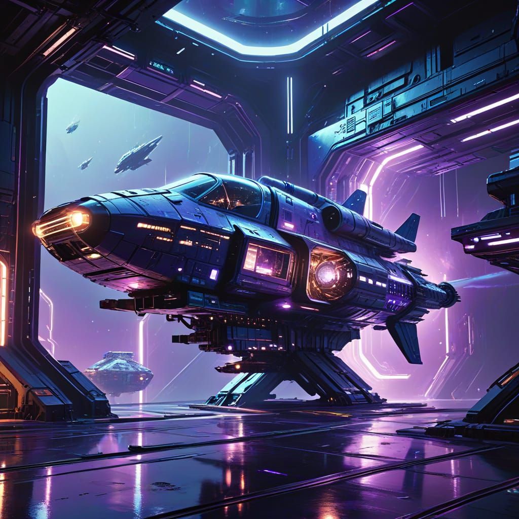 A space ship docked on  a space station waiting on new recru...