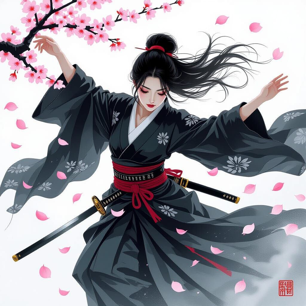 Samurai Woman Falling Through Endless Expanse