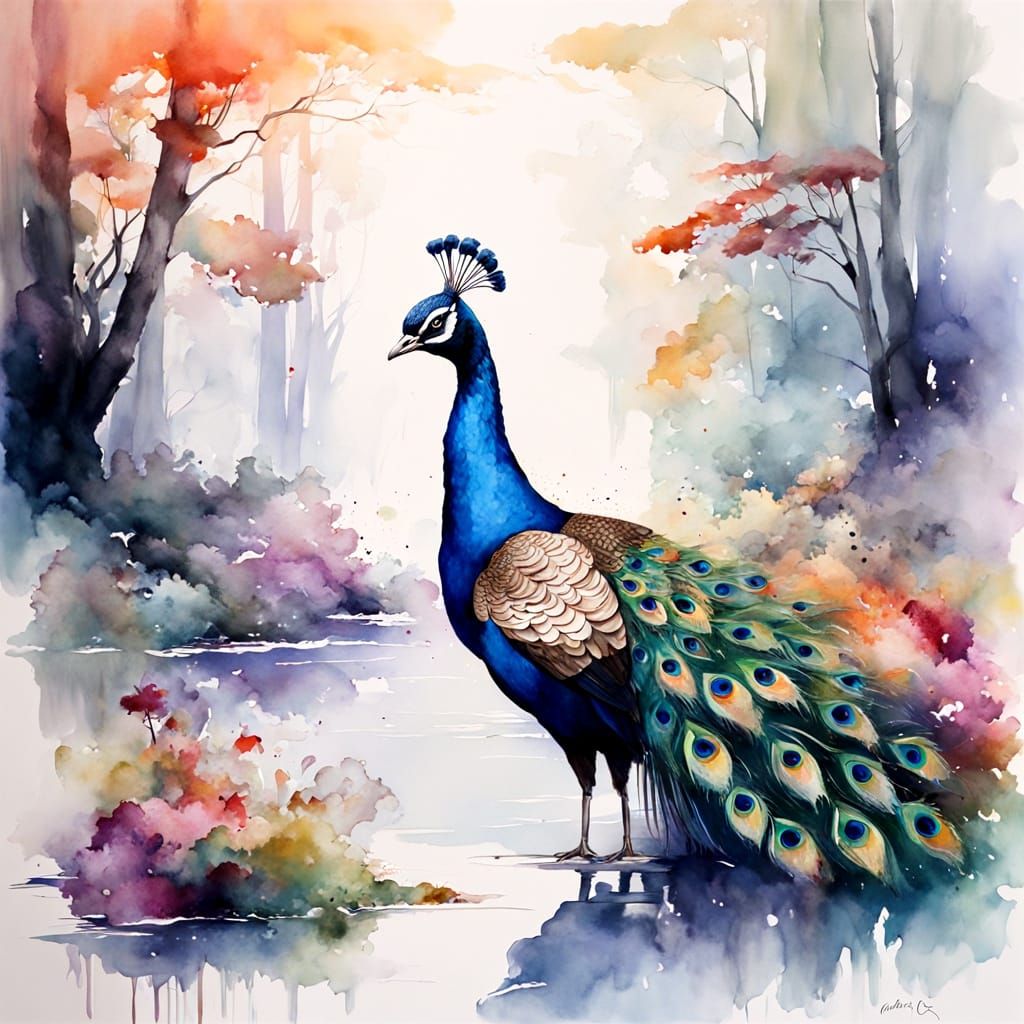 Allegory Peacock at Sunrise, Oil Painting Style