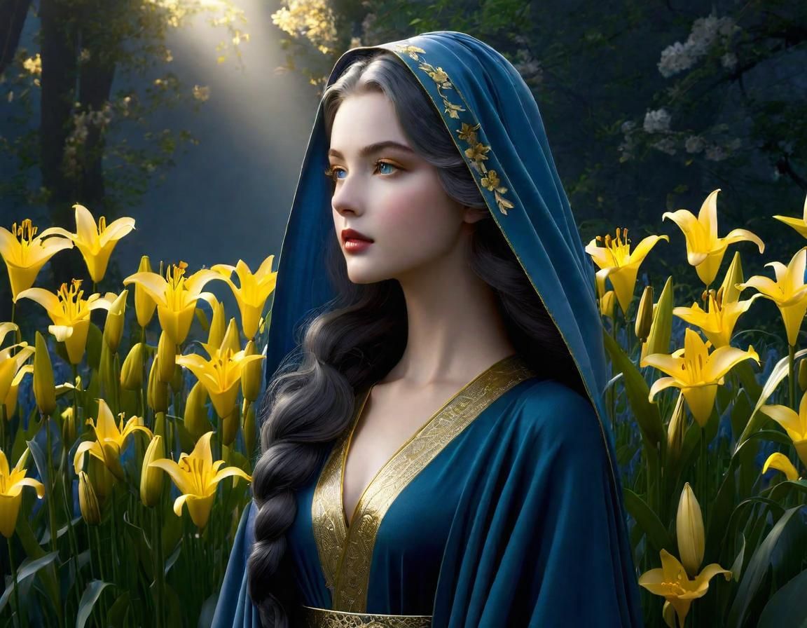 Mysterious Lady in Blue and Gold Gown