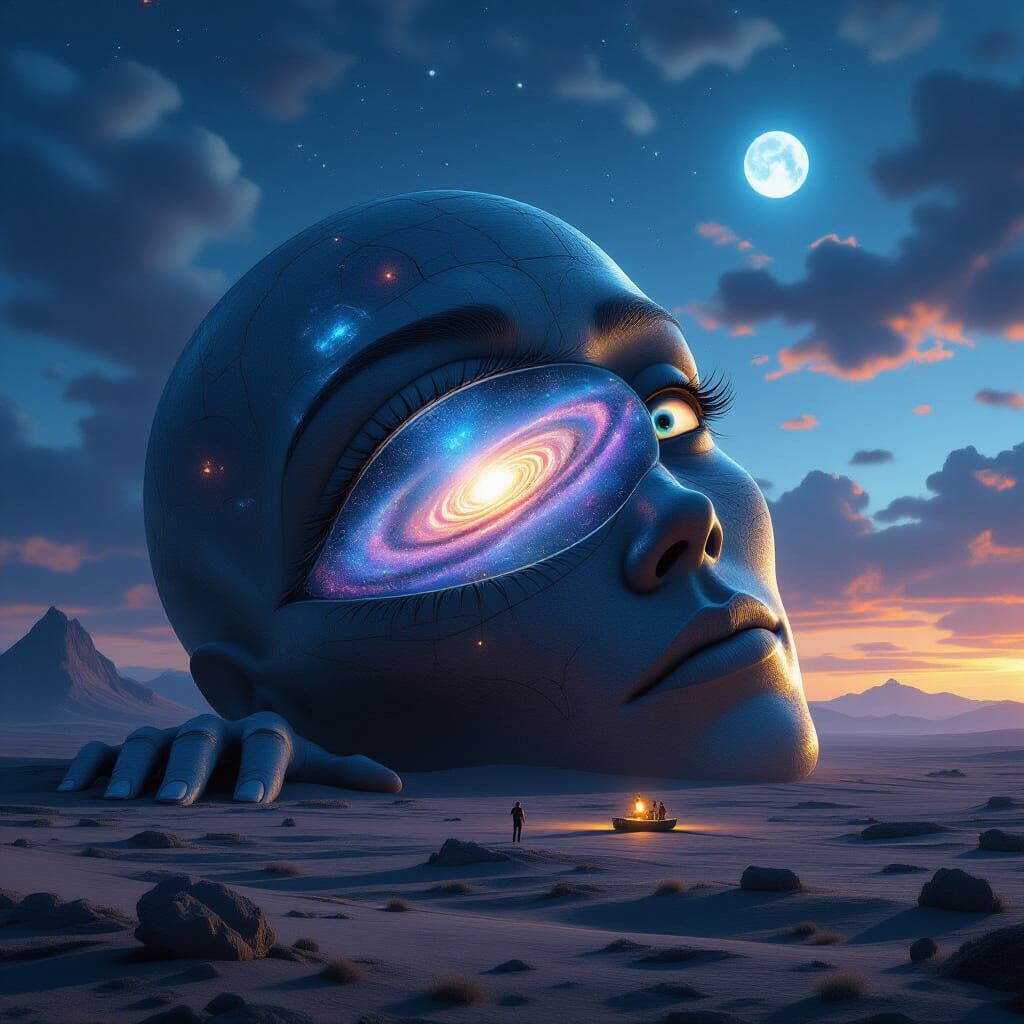 Galaxy Within a Giant's Eye on Alien Landscape