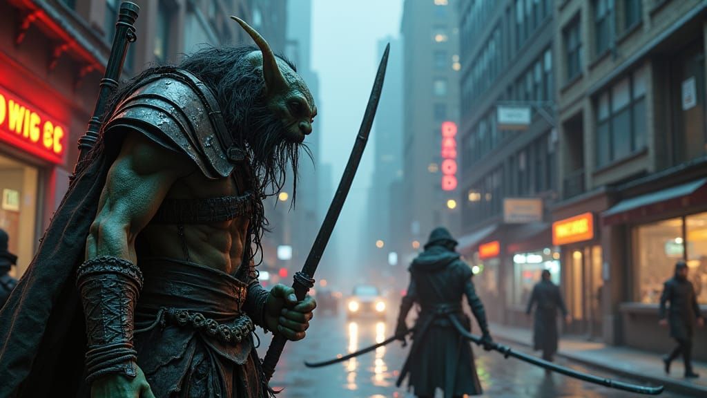 Shadowrun Orc Street Samurai in Dystopian Seattle