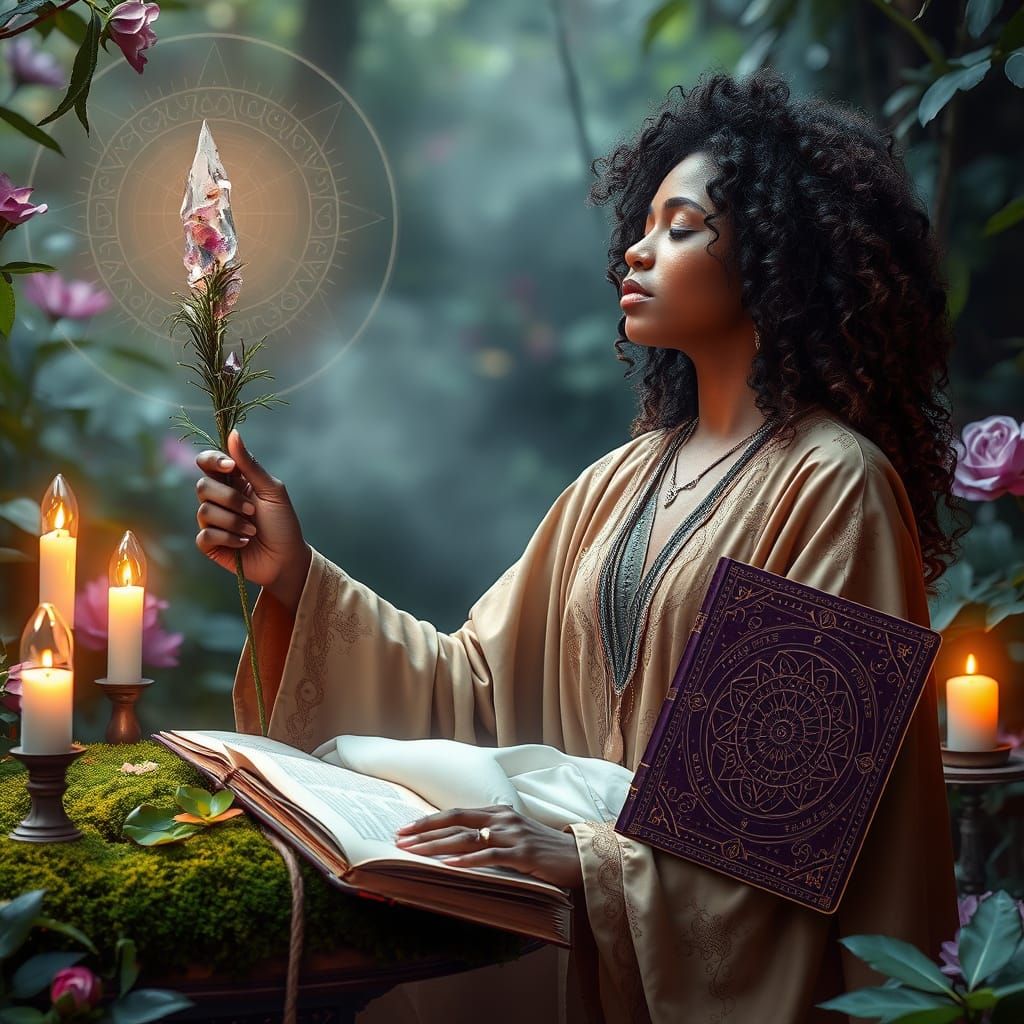 Mystical Brown Priestess Channels Divine Light