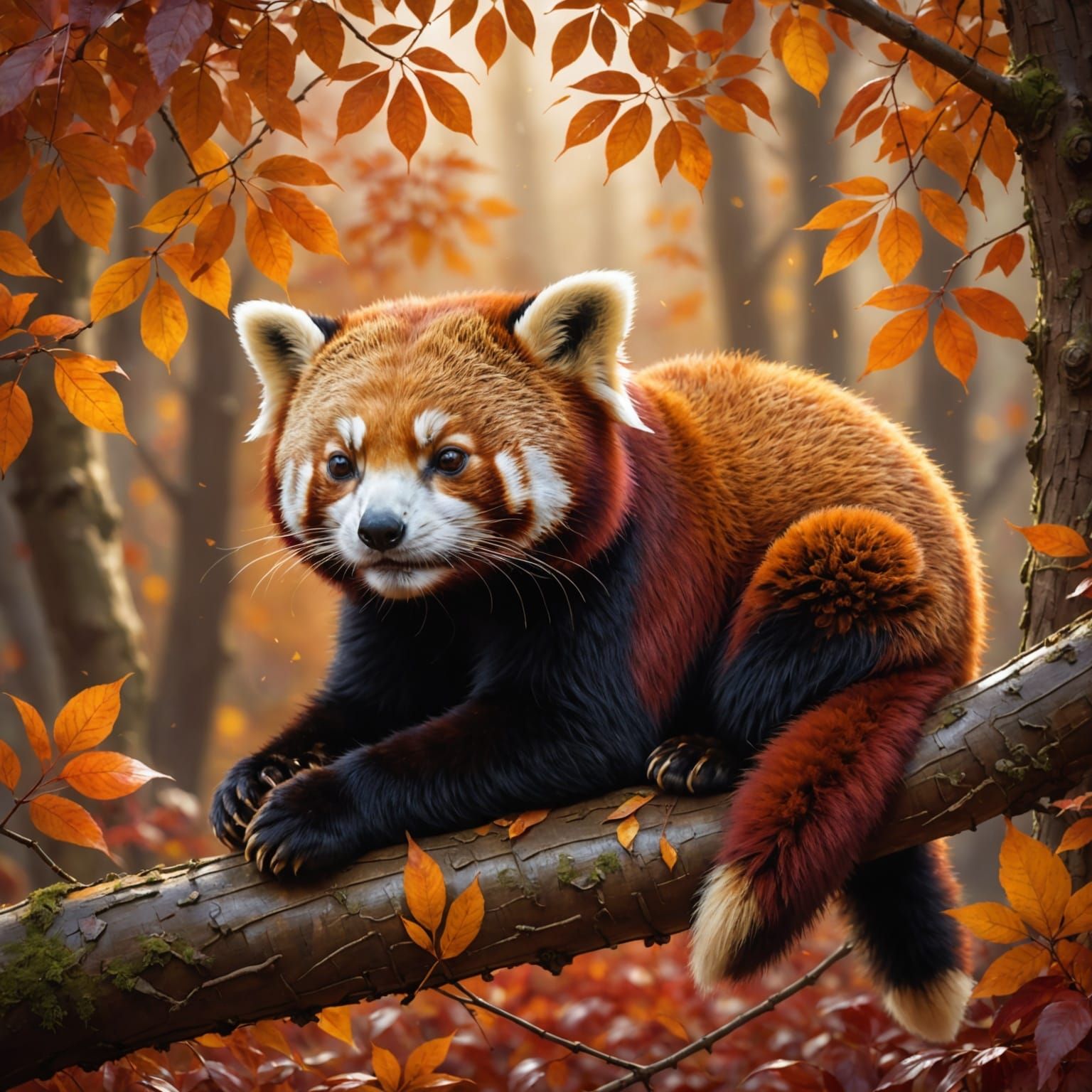 Red Panda Slumbers Amidst Autumn Leaves