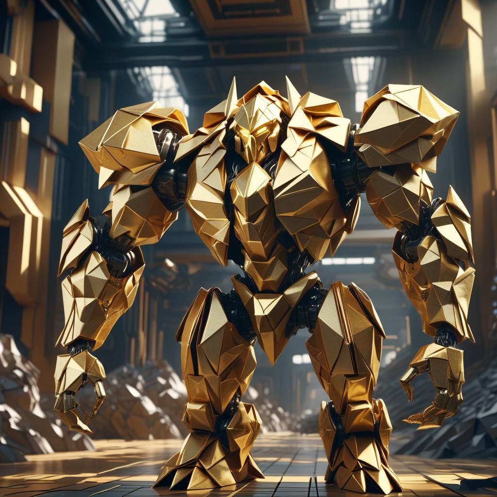 Golden Origami Golem with Intricate Sci-Fi Details