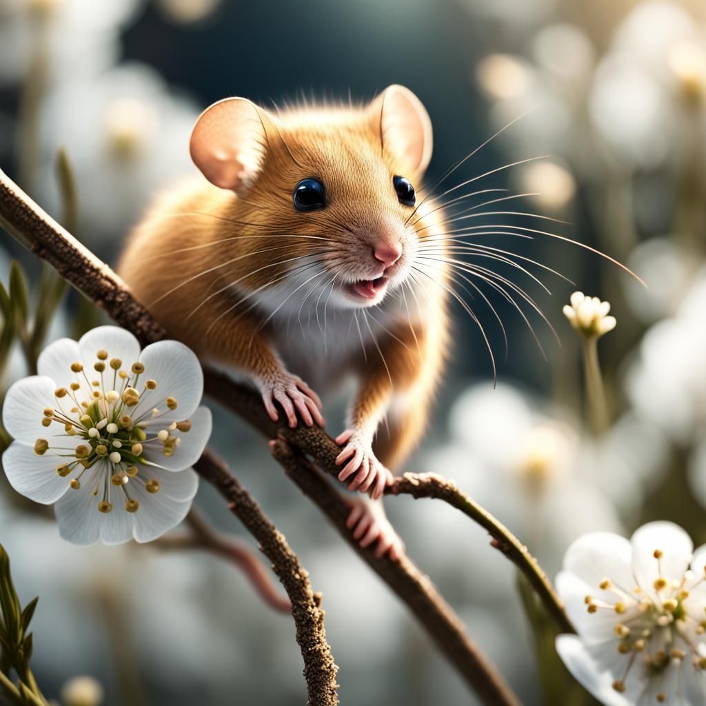 Smiling Harvest Mouse on Branch Wildlife Photography