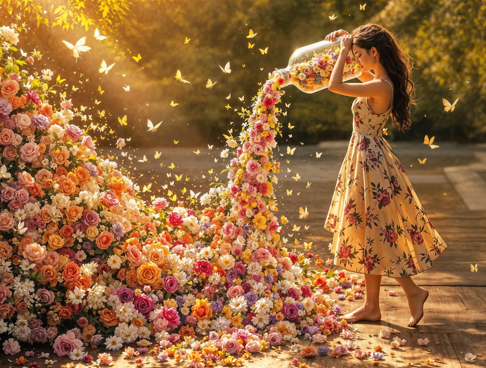 Woman in Floral Harmony with Nature