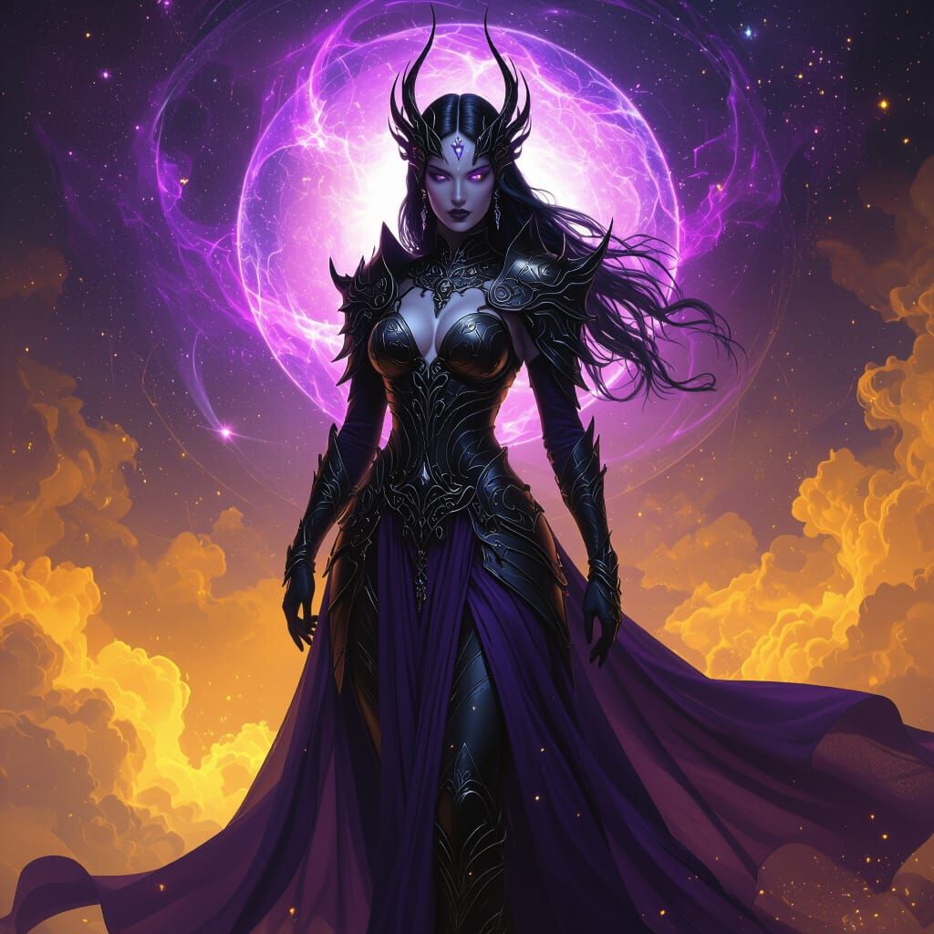 Dark Goddess in Cosmic Armor and Amethyst Robes