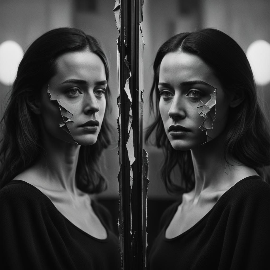 Emotional Portrait Before a Broken Mirror in Noir Style