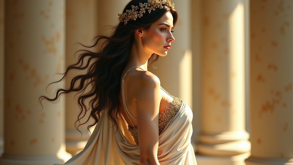 Cyborg Goddess in Classical Contrapposto Pose as Hyperrealis...