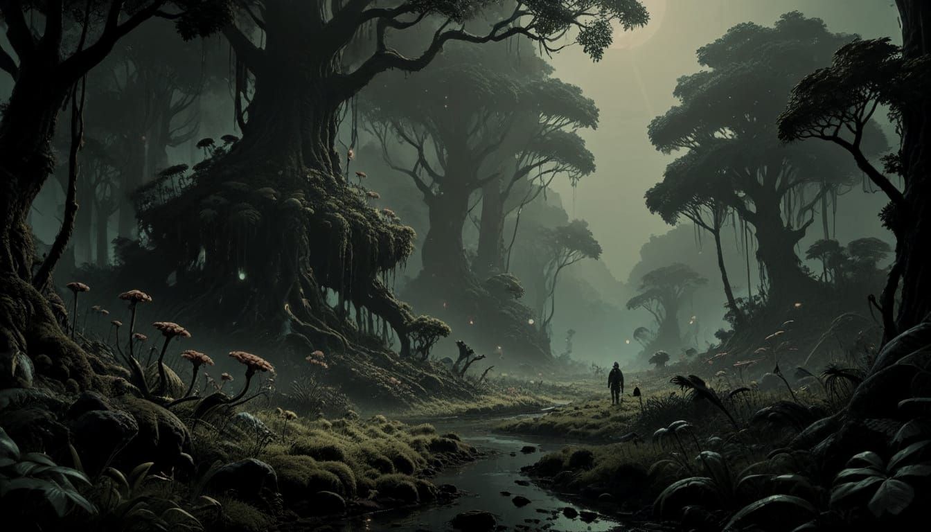 Exotic Alien Forest with Glowing Flora