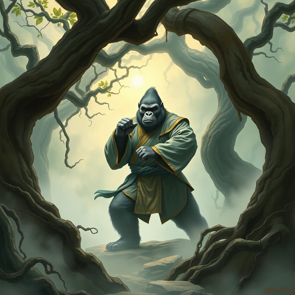 Majestic Gorilla Kung Fu Master in Ancient Chinese Forest