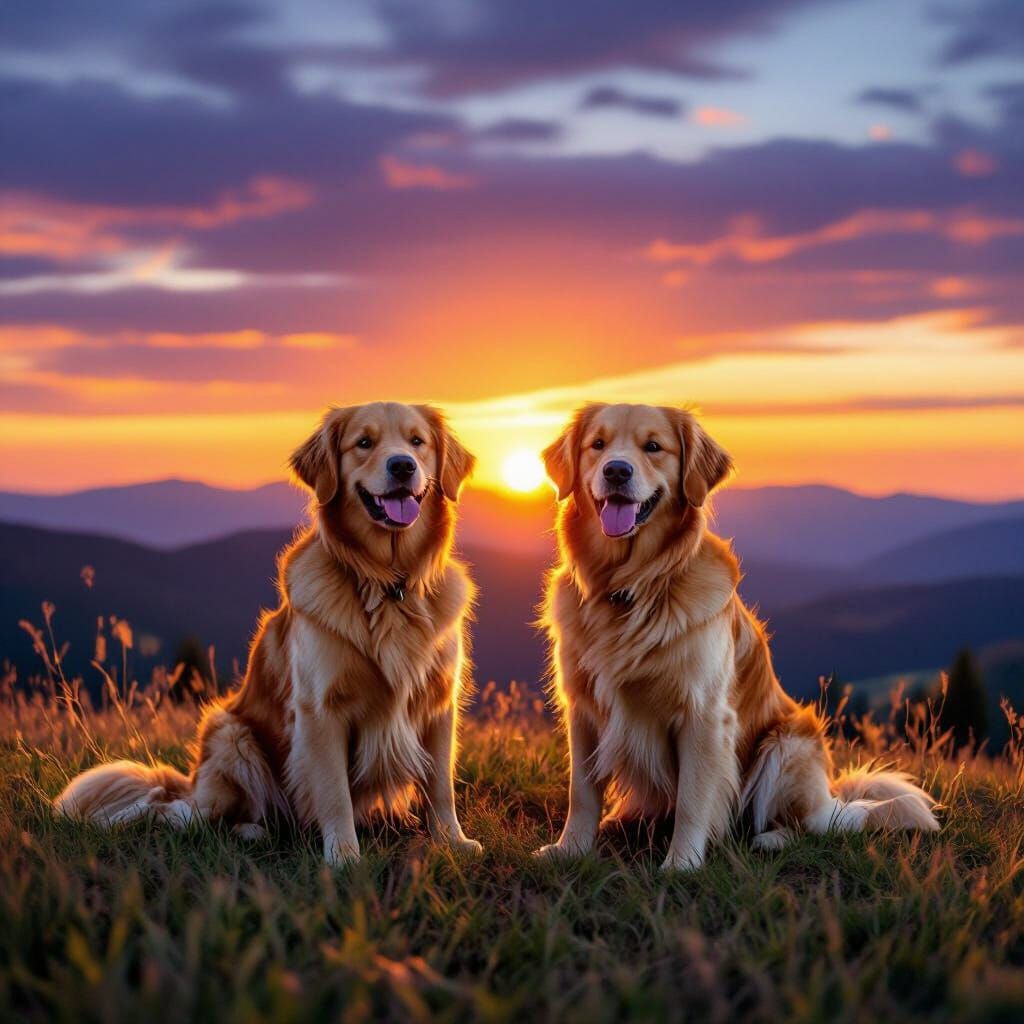 Golden Retrievers Enjoying a Vivid Sunset on a Grassy Hill