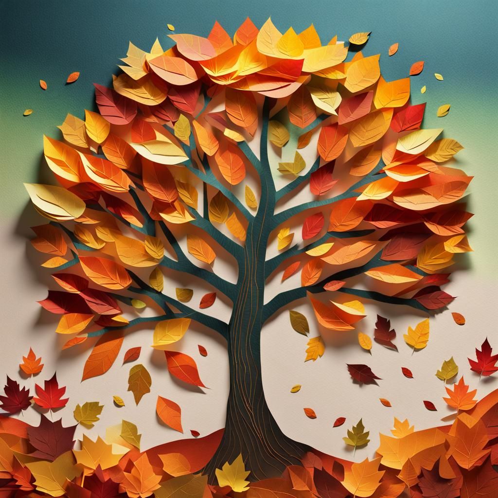 Vibrant Fall Tree Collage in Hyperrealistic Style