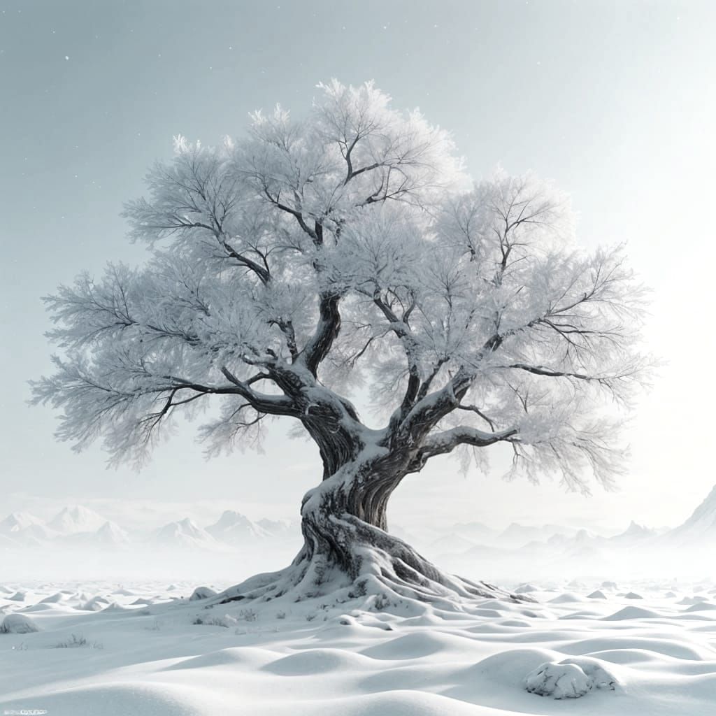 Lonely Fir Tree in Snowy Field: Detailed Matte Painting