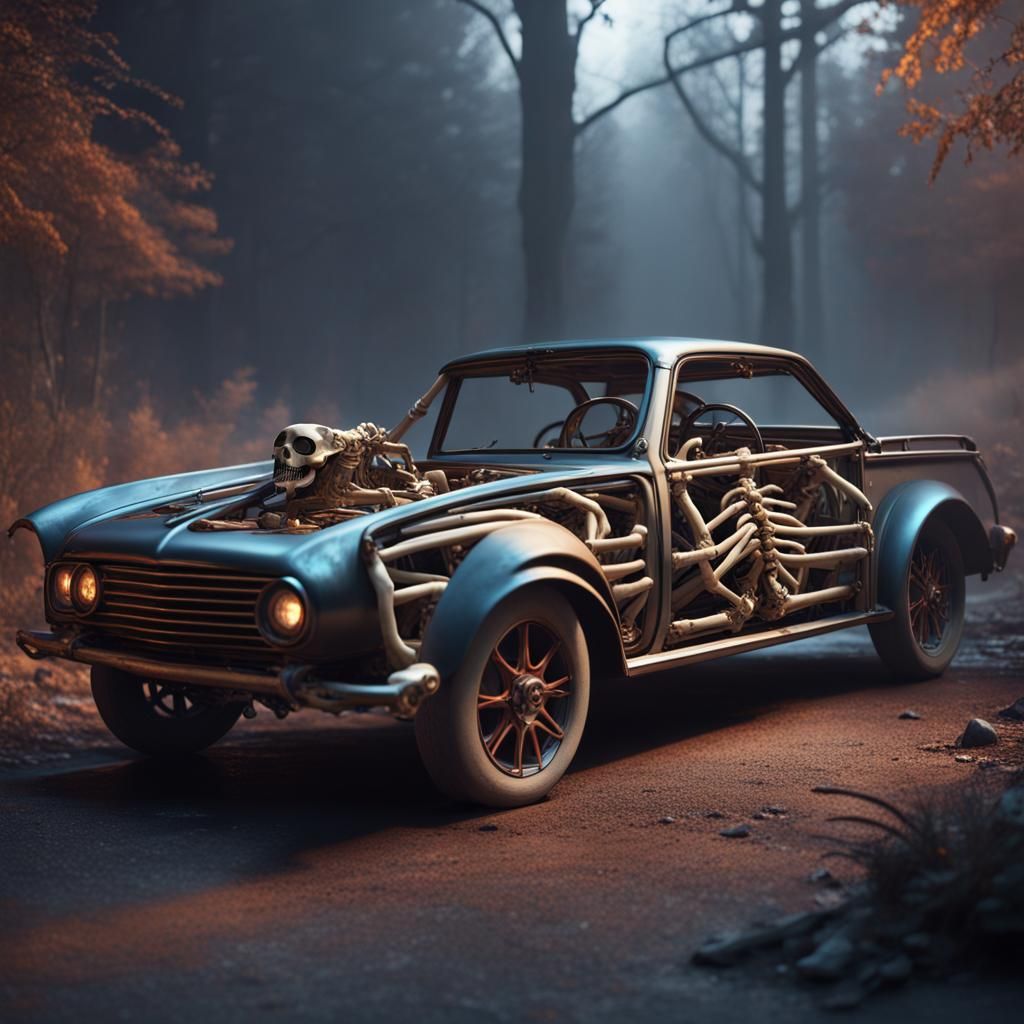 Skeleton Car in Detailed Matte Painting Style