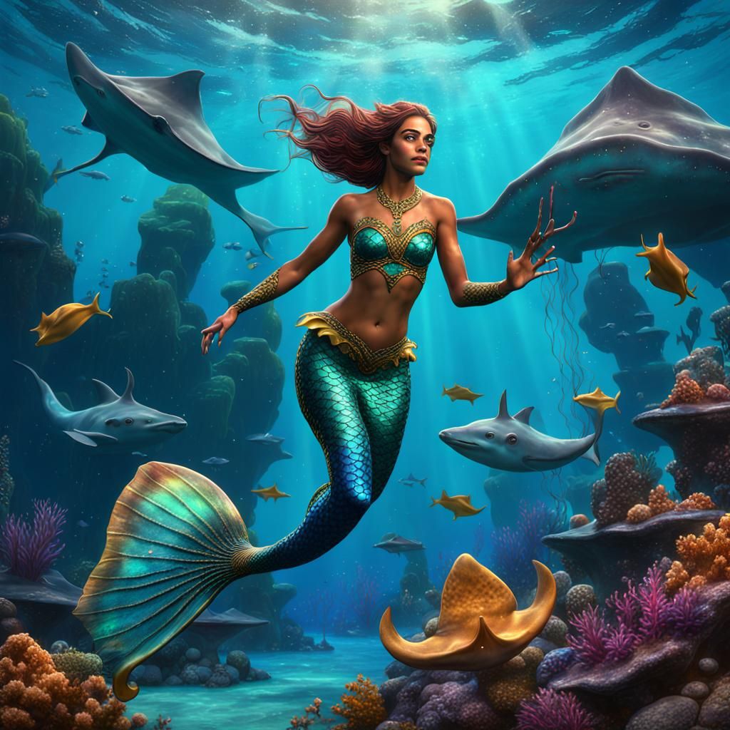 Venezuelan Mermaid Swimming with Stingrays