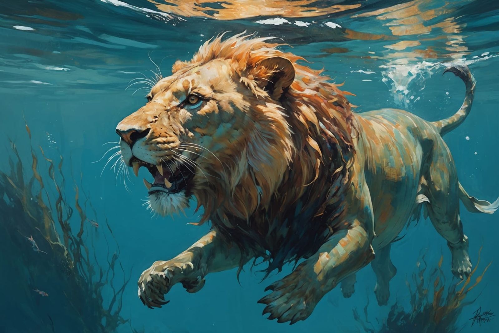 Lionfish Swimming in Ocean, Figurative Expressionism