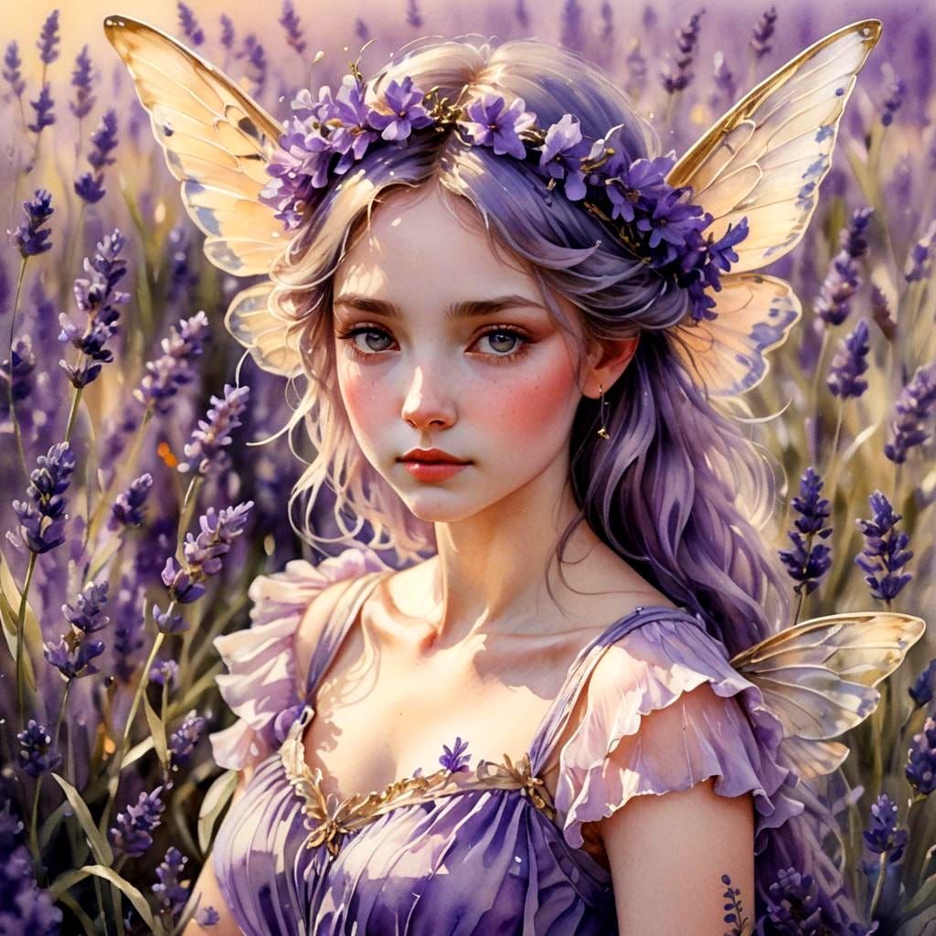 Lavender Flower Fairy in Watercolor Style