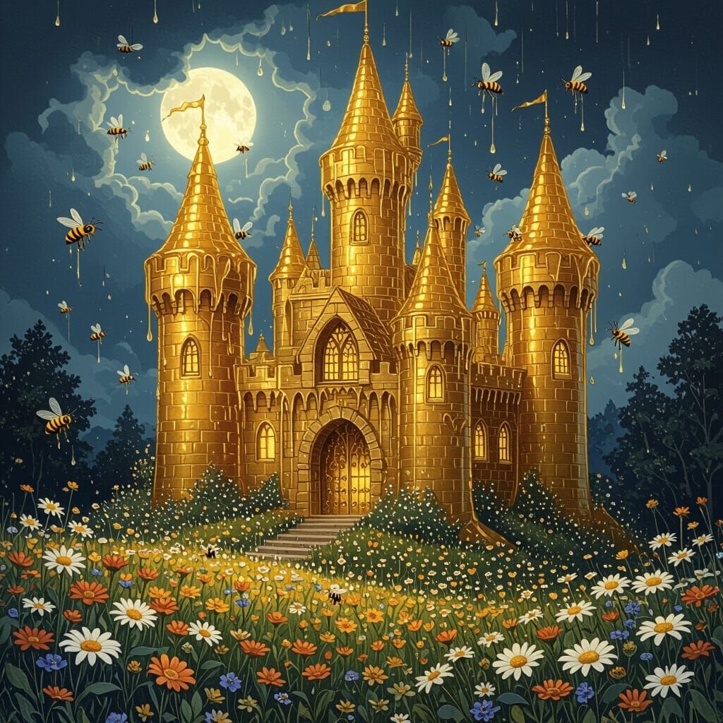 Transparent Honey Castle with Light Bees in Dark Fairytale S...
