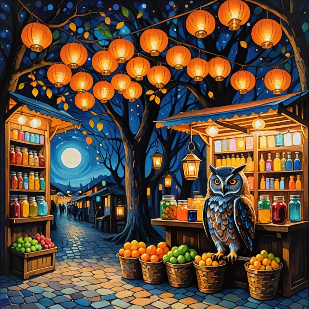 Owl's Moonlight Honey Stall in Neo-Impressionist Style