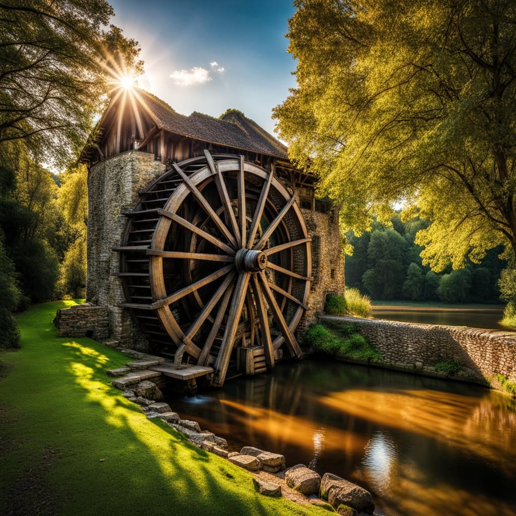Picturesque Landscape with Ancient Water Wheel