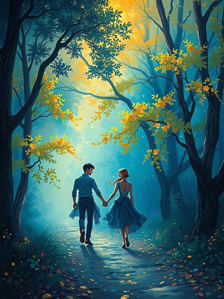 Couple Walking in Electric Impressionistic Forest