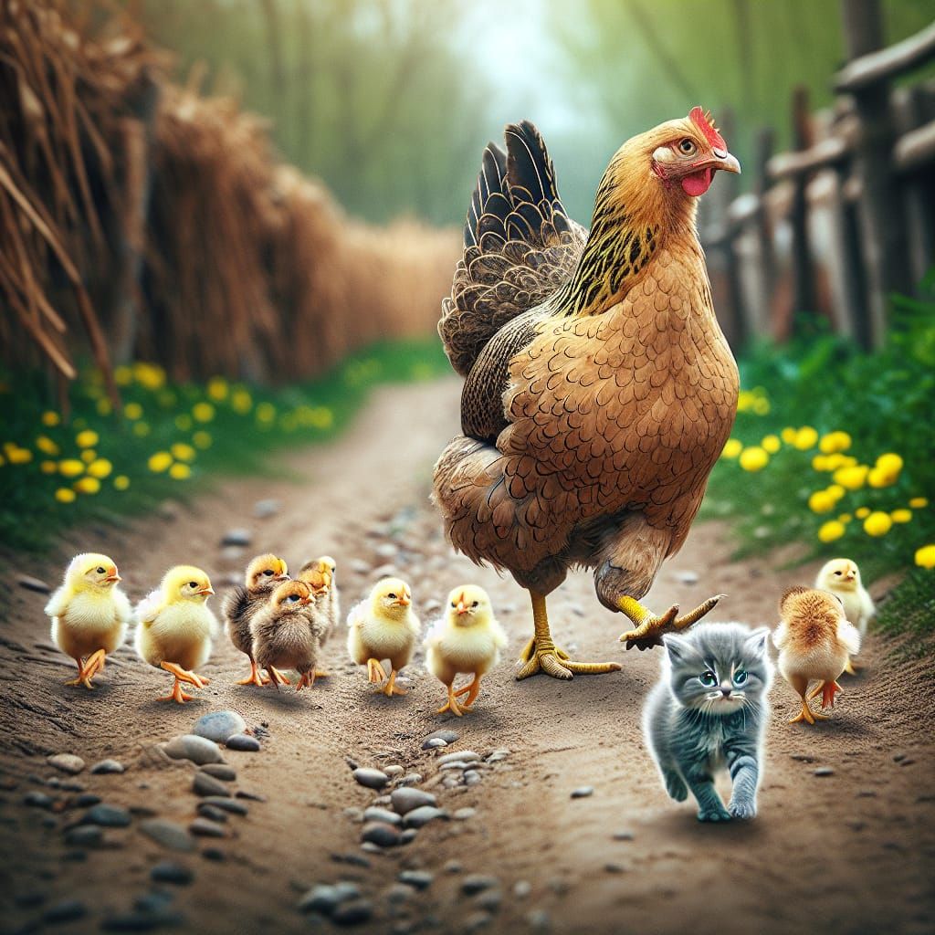 Mother Hen Leads Brood with Kitten in Tow