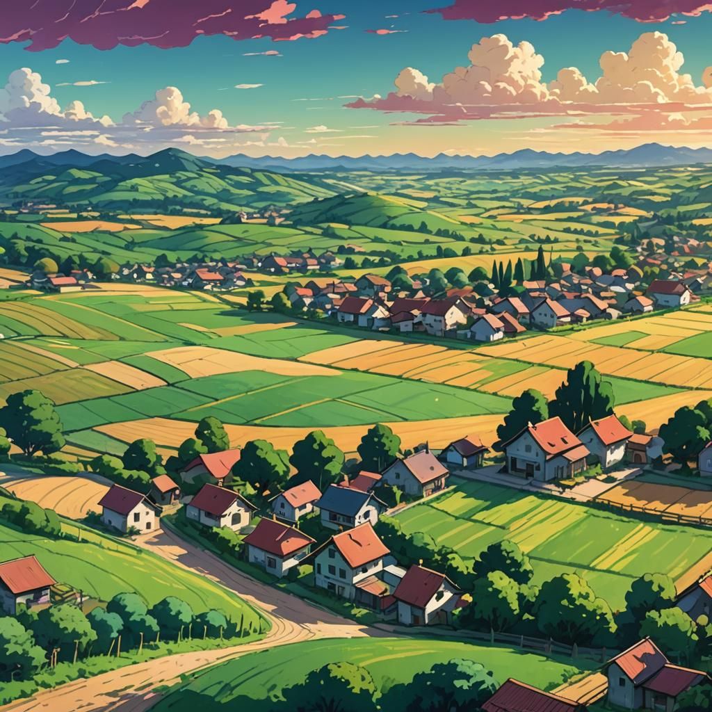 Peaceful Anime Farm Town Landscape in Cel-Shaded Style