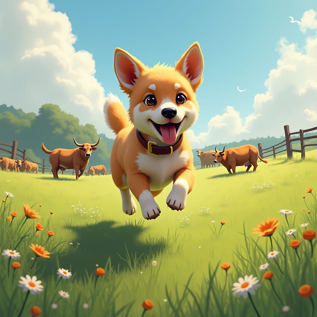 Dog Chasing Cattle in Lush Meadow, Digital Art