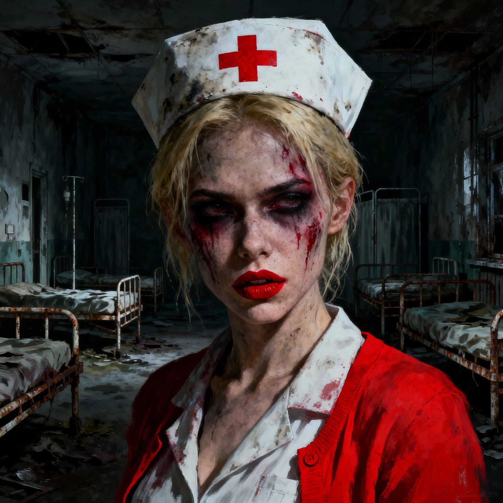 Distressed Nurse in Dark Hospital, Survival Horror Art
